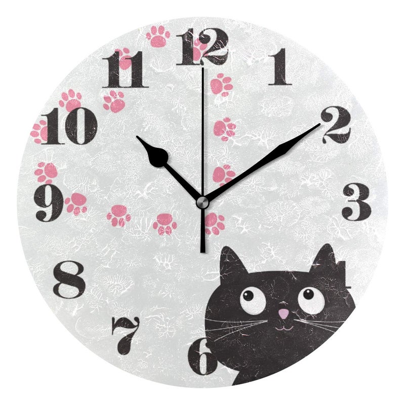 senya Wall Clock Silent Non Ticking, Round Cat and Paw Print Art Clock for Home Bedroom Office Easy to Read - Image 1